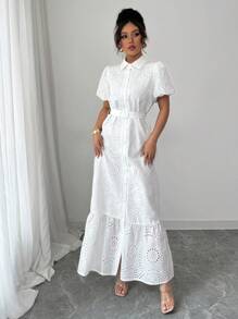 Rafferiza 法式优雅通勤纯色翻领单排扣穿孔印花图案灯笼袖系带女式连衣裙 - 白色 - 查看 6