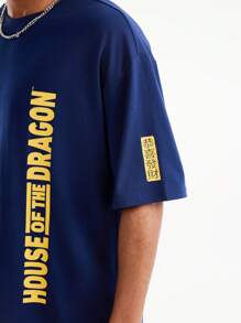 HOUSE OF THE DRAGON X SHEIN Men's Summer Casual Dragon & Letter Graphic Short Sleeve T-Shirt - Navy Blue - View 3