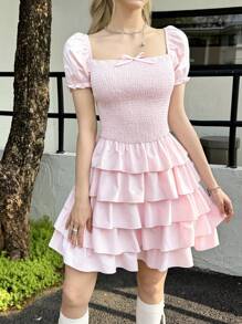SHEIN Teen Girl Casual Square Neck Puff Sleeve Bow Decor Ruffle Hem Dress - Pink - View 5