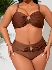 Swim Lushoire Plus Size Women Shell Metal Decor Double Strap 2pcs Swimwear Set, Summer - Coffee Brown - View 4