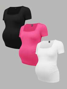 Modmama 3pcs/Set Maternity Casual Solid V-Neck Short Sleeve T-Shirts, Black/White/Gray, Fitted, Suitable For Summer - Hot Pink - View 4