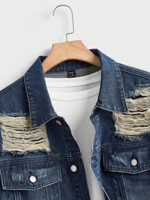 Manfinity Homme 男士休闲长袖单排扣口袋破洞牛仔夹克，秋季 - 淺色水洗藍 - 查看 3