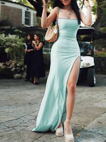 SHEIN Essnce Women's Summer Sexy Solid Color High Slit Strap Dress - Blue - View 4