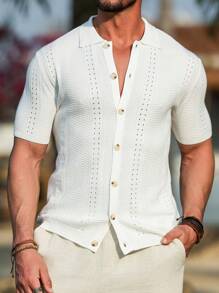 Manfinity Homme 男士纯色针织短袖纽扣 Polo 衫，夏季时尚度假休闲沙滩衬衫 - 白色 - 查看 5