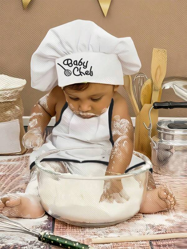 SHEIN Newborn Photography Outfits Baby Boy White Chef Hat And Apron Set Infant Photoshoot Props 1 Month And 100 Days Baby Photo Props