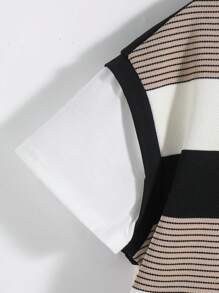 SHEIN 2 件套年轻男孩休闲校园风格舒适时尚百搭简约可爱 2 合 1 条纹圆领短袖上衣和松紧腰短裤套装，适合日常、上学、郊游、运动、春夏季，羊毛，加厚 - 卡其色 - 查看 5