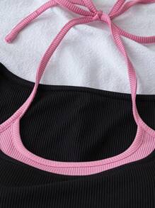 Chiquease Women's Contrast Color Block Mock Neck Short Sleeve Cropped T-Shirt