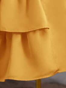 Young Girl Plain Collar Puff Sleeve Fitted Casual Dress - Gold - View 5