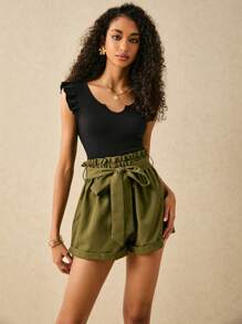 SHEIN Frenchy Two Tone Ruffle Sleeve Paperbag Waist Belted Romper Summer Casual - Multicolor - View 1