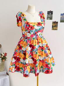 Soleia Plus Size Women Vacation Wide Strap Bow Knot Decor Waist-Cinched A-Line Mini Dress