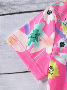 SHEIN Genkimix Kids Young Girls' Floral Print Casual T-Shirt And Pants Set,Summer Family Matching Clothing Sets,Short Sleeve Sporty Outfits For Daily Outings And Holiday - Hot Pink - View 3