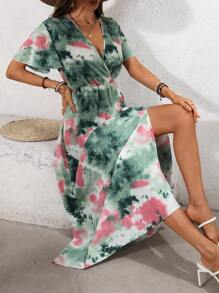 SHEIN Clasi Allover Print Butterfly Sleeve Split Thigh Dress Maxi Women Outfit
