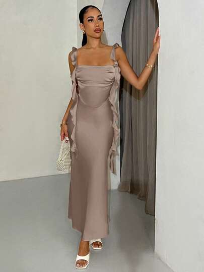 SHEIN BAE Women Summer Spaghetti Strap Backless Draped Neck Holiday Dress, Graduation Season Formal Dress, Wedding Dress