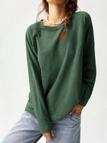Bohemela Boho Vacation Solid Color Knit Loose Fit Raglan Long Sleeve Long Tee For Women - Green - View 4