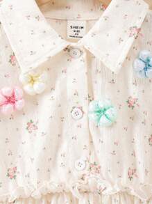 年轻女孩优雅白色泡泡袖衬衫裙，玫瑰花公主裙，新款夏季风格 - 白色 - 查看 4