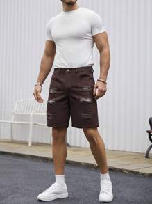 Manfinity Homme Men's Dark Coffee Slim Straight Leg Denim Shorts - Brown - View 6