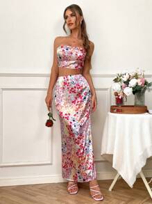 SHEIN VCAY 2pcs/Set Women Ditsy Floral Satin Bandeau Top And Long Maxi Skirt, Spring/Summer Prom Dresses For Ladies Birthday Dresses For Women Formal Prom Dresses For Women Clothing Women Two Pieces Outfits Birthday Outfits For Women Two Pieces Outfits Women Elegant Dresses Women Dresses Vacation