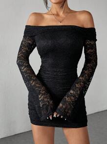 SHEIN PETITE Women's Fashion Sexy Contrast Lace Off-Shoulder Bodycon Dress, Summer - Black - View 4