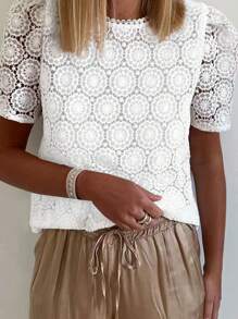 Breezaya Women's Summer Water-Soluble Embroidered Round Neck Short-Sleeved Shirt (Random Pattern Cutting)