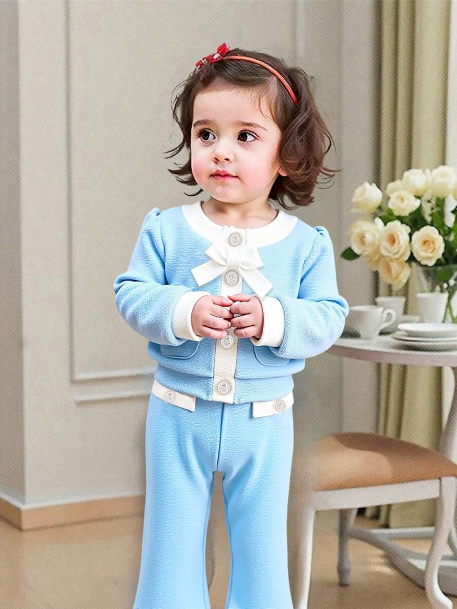 2pcs Baby Girls' Elegant Blue And White Contrast Puff Sleeve Blouse Top With Bow&Flared Pants Set,Autumn Mother Daughter Matching Outfit For Spring - Multicolor - View 1