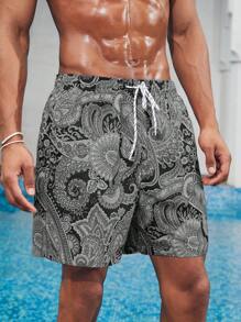 Manfinity Shorts de playa con cordón para hombre con estampado de paisley
