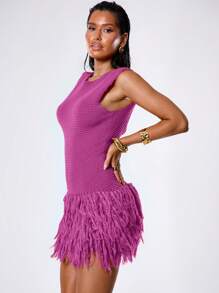 MUSERA Tassel Hem Crochet Knit Mini Dress Vacation Summer Western Festival Rave Beach Ibiza Night Out Fall Winter   Chic - Hot Pink - View 3