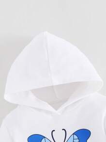 Denimly 年轻女孩休闲日常都市街头风格蓝色蝴蝶印花连帽衫和蝴蝶印花直腿牛仔裤水洗浅蓝色松紧腰围 2 件套 - 白色 - 查看 4