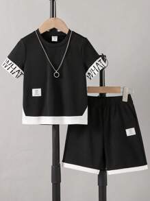 2pcs/Set Boys Colorblock Letter Graphic Short Sleeve Top And Elastic Waistband Shorts Set - Black - View 1