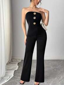 INAWLY Fashion Commuter Metal Buckle Decor Jumpsuit