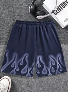 Manfinity EMRG Pantaloncini grigi, vestibilità morbida, da uomo Manfinity EMRG, con stampa grafica di fuoco e lettere, con vita con laccetto regolabile, pantaloncini casual da uomo
