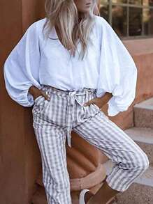 INAWLY Plus Size Casual Commuter Solid Color Lantern Sleeve Shirt Fall Cloth For Women - White - View 3