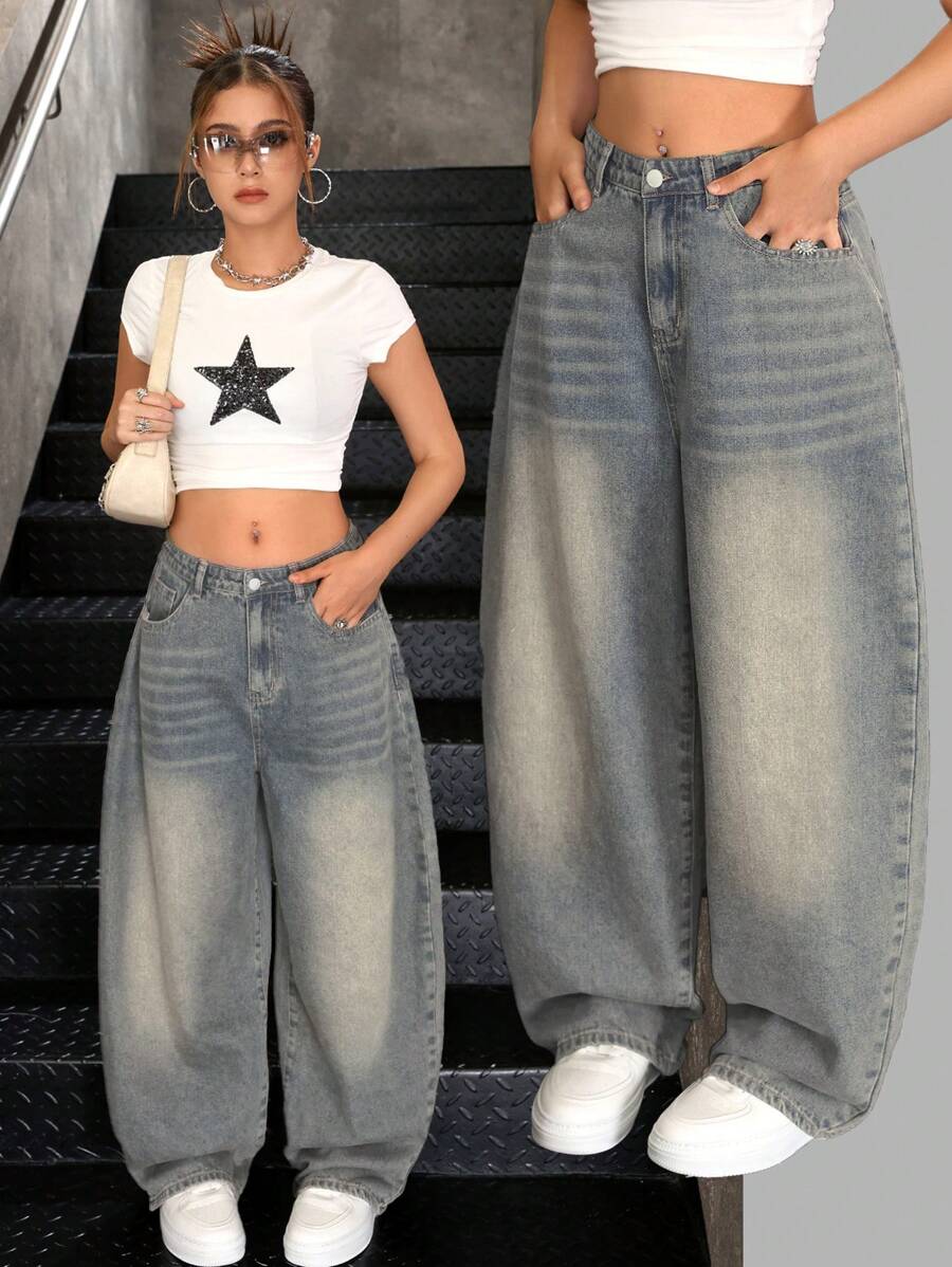 SHEIN Jeans de mezclilla holgados y casuales con estilo retro vintage Y2K para adolescentes, para looks de streetwear. Outfits bohemios de verano para adolescentes, para conciertos rave y festivales. - Azul lavado oscuro - Ver 1