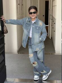 SHEIN Fashion Heavy Wash Light Blue Distressed Holey Street Style Tween Girl Denim Jacket Outerwear