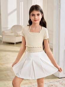 Tween Girls Ribbed Contrast Trim Mock Neck Peplum Hem Short Sleeve T-Shirt, Back To School Casual Versatile Top, Y2K Style, Mommy And Me Matching - Beige - View 6