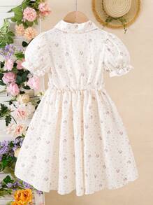 年轻女孩优雅白色泡泡袖衬衫裙，玫瑰花公主裙，新款夏季风格 - 白色 - 查看 2