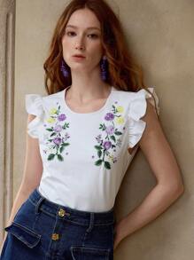 MOTF PREMIUM Camiseta con bordado floral y ribete con volantes - Blanco - Ver 6