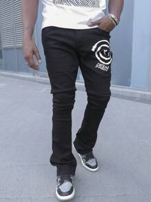 Manfinity EMRG Men's White Washed Denim Loose Gothic Letter Printed Flared Pants, Street Style
