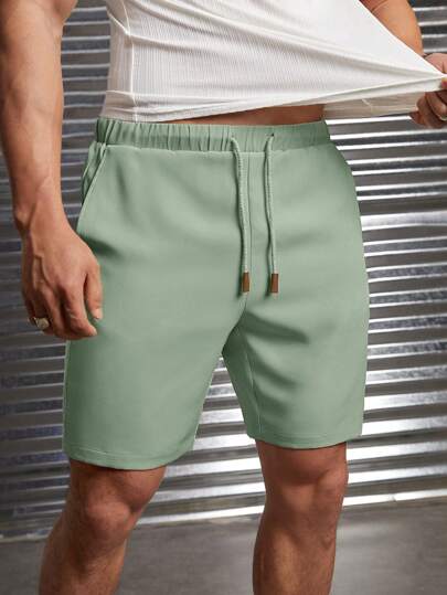 Manfinity BRENVOR Men Green Color Woven Solid Color Simple & Fashionable Shorts, Suitable For Summer