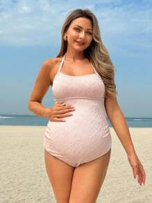 SHEIN Elegante traje de una pieza con escote de halter de tela festiva para maternidad - Rosa - Ver 4