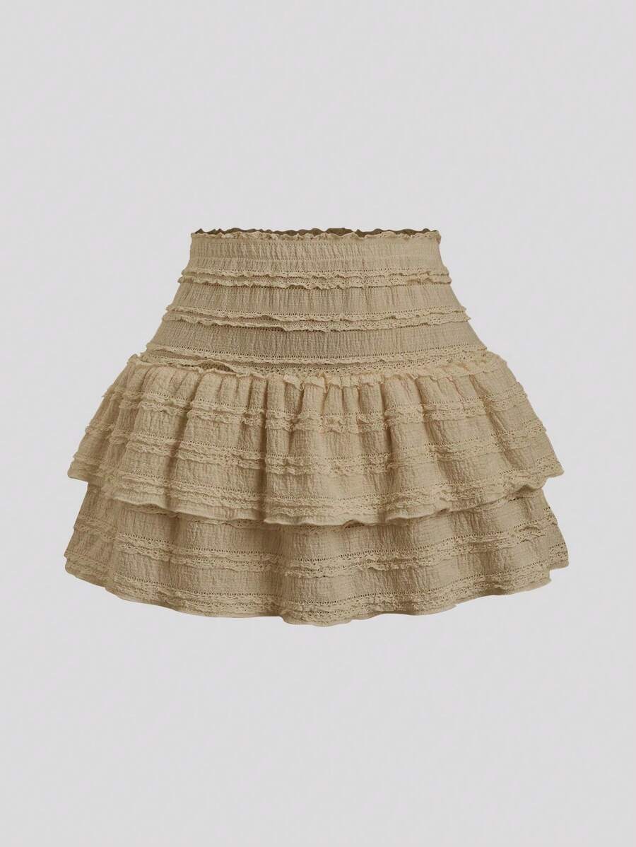 Sweetra Solid Color Ruffle Trim Double Layered Hem Skirt, Casual & Resort Y2K  Mini Short Women Skirt - Khaki - View 1
