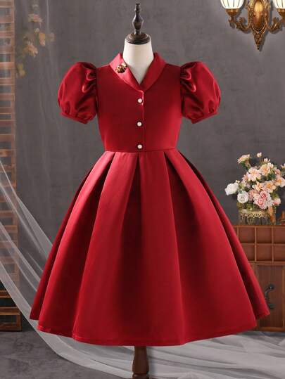 Teen Girl Solid Color Short Puff Sleeve Pleated Hem Elegant Dress