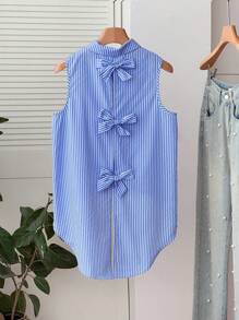 Franclia 女士休闲度假蓝白条纹蝴蝶结不对称下摆衬衫