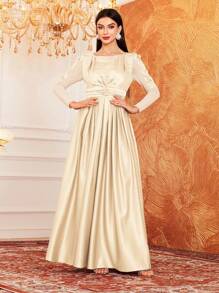 Modelyn Dames Geborduurde Mesh Bescheiden Lange Mouw Geplooide Jurk Met Applicatie Decoratie Lange Avondjurken