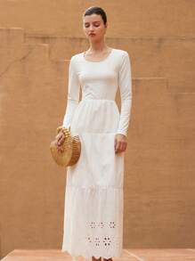 Zanirela Elegant Graceful Holiday Knitting Patchwork Long Sleeve Dress With Floral Embroidery Decoration  Old Money Style For Spring Fall - White - View 4