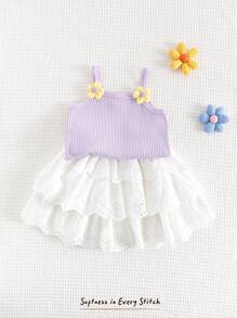 Cozy Pixies 2pcs/Set Baby Girl 3D Flower Knit Soft Camisole Top And Mesh Skirt Set