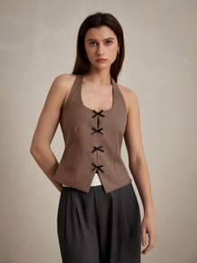 Femmeiva Women's Bow Decor Fashion Halter Neck Camisole - Khaki - View 7