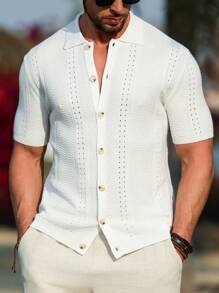 Manfinity Homme 男士纯色针织短袖纽扣 Polo 衫，夏季时尚度假休闲沙滩衬衫 - 白色 - 查看 3