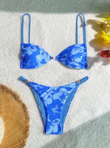 Swim Mod 两件套夏季花卉印花配饰细肩带抹胸上衣和比基尼泳裤海滩度假女士泳装套装 - 藍色 - 查看 1