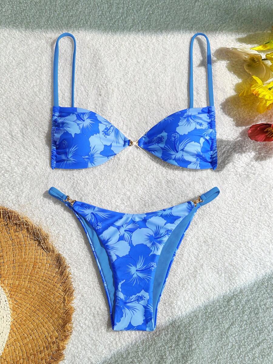 Swim Mod 两件套夏季花卉印花配饰细肩带抹胸上衣和比基尼泳裤海滩度假女士泳装套装 - 藍色 - 查看 1