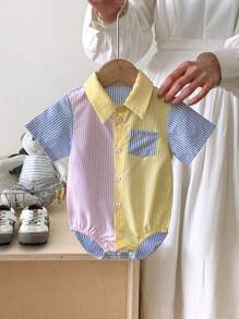 Souflis Souflis Mono de bebé recién nacido con cuello apropiado para 3-6 meses, diseño de bloques de color a rayas rosa, amarillo y azul, diseño general fresco y lindo, apropiado para que el bebé lo use en exteriores en verano